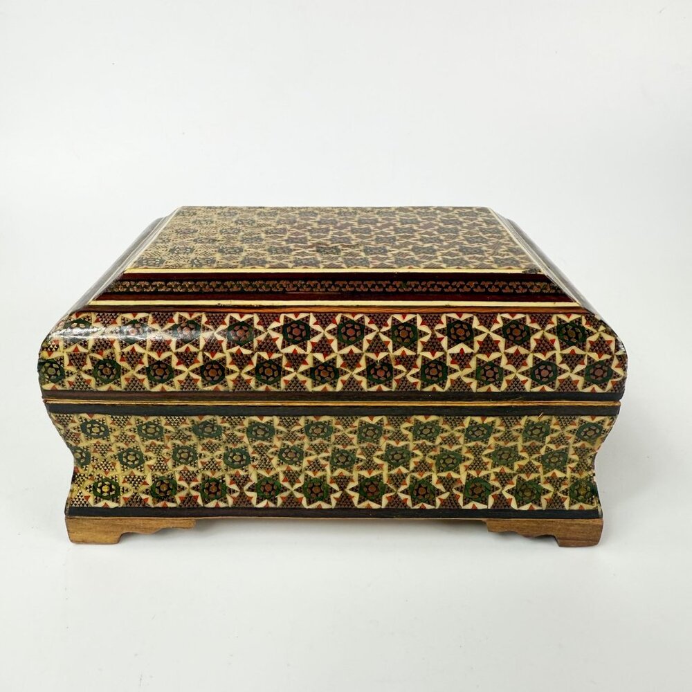 Khatam Marquetry Wood Inlaid Trinket Jewelry Box Hinged Lidded